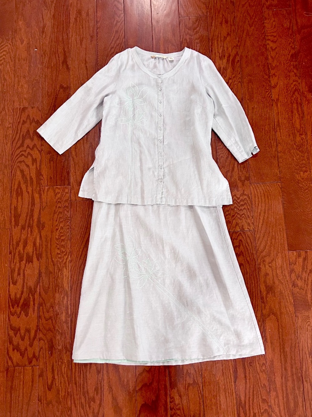 Vintage 2-piece skirt and blouse set linen blue lightweight summer outfit